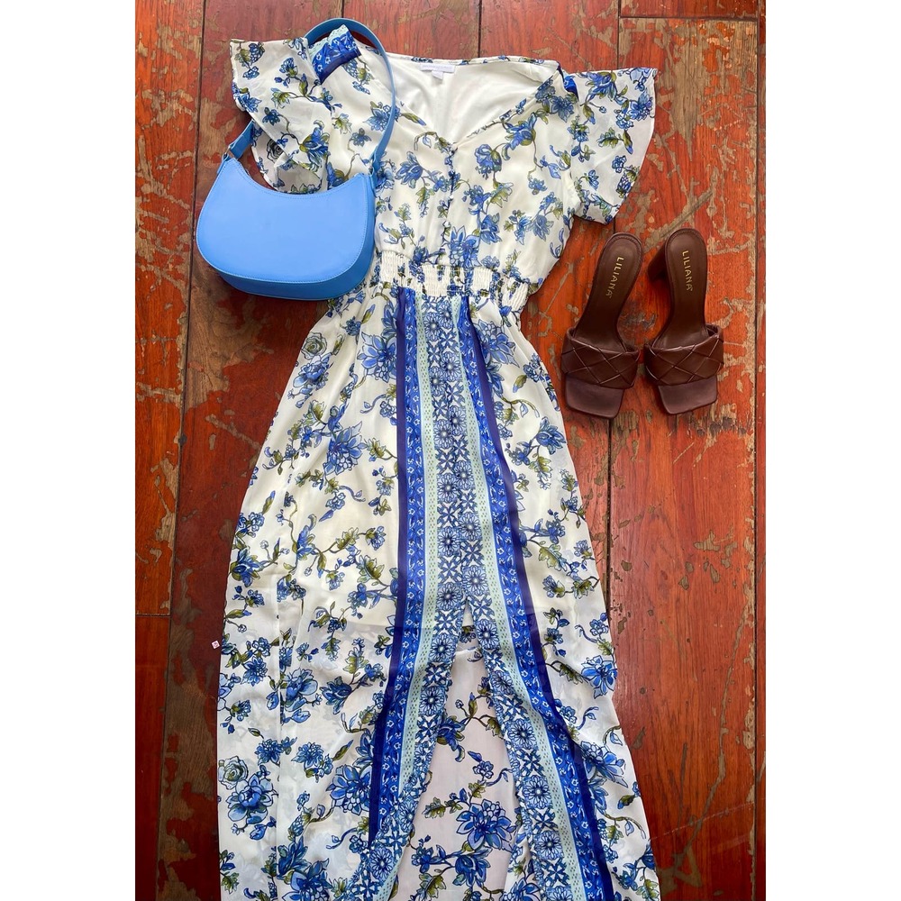 chiffon cobalt blue floral spring dress